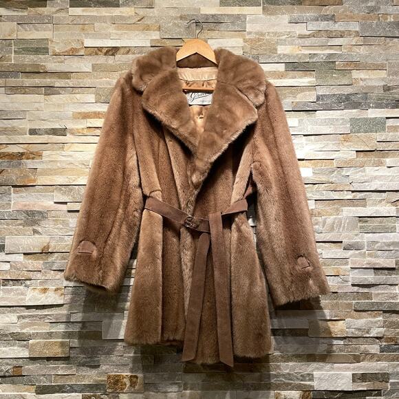 Grace’s Nashville Faux Fur Genuine Suede Belted Coat | Mid Century Vintage S/M/L - Picture 8 of 16